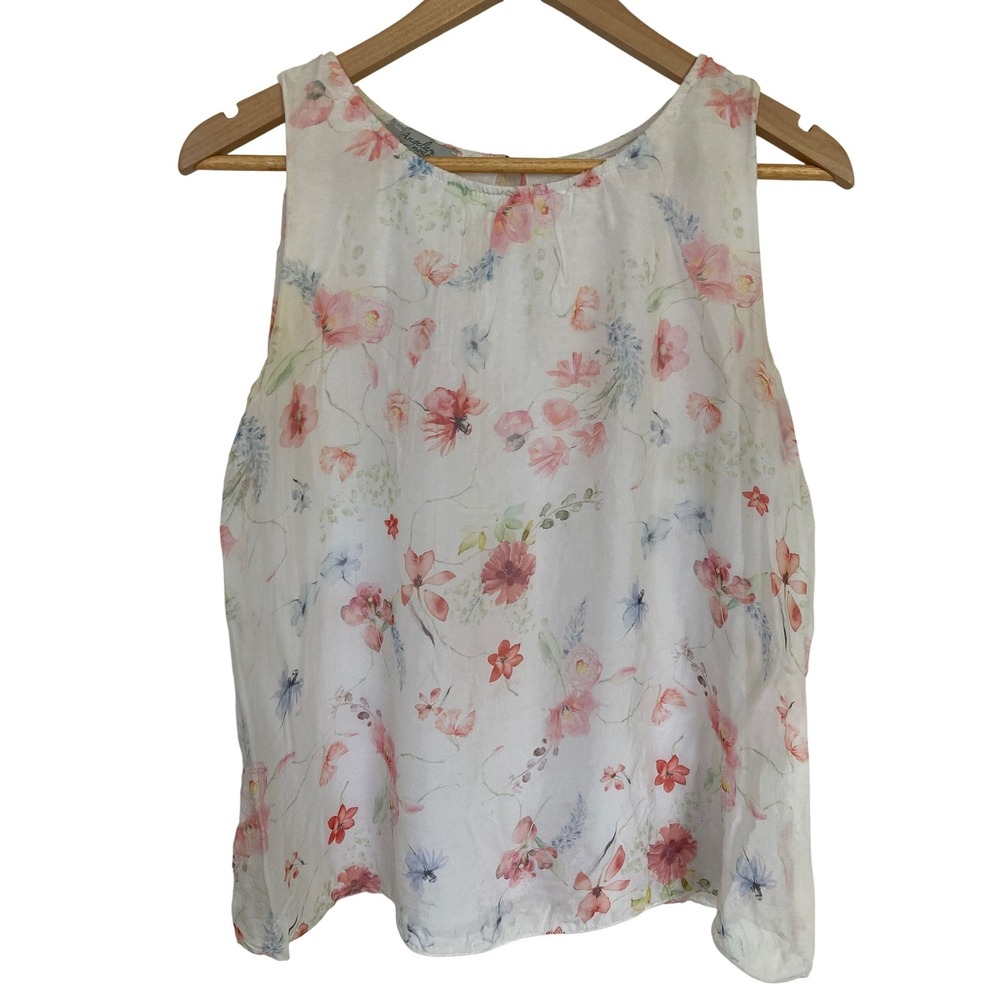 Angela Mara Italy Silk Blend Floral Sleeveless‎ Blouse White Pink Blue Size M